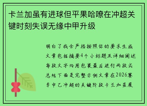 卡兰加虽有进球但平果哈嘹在冲超关键时刻失误无缘中甲升级